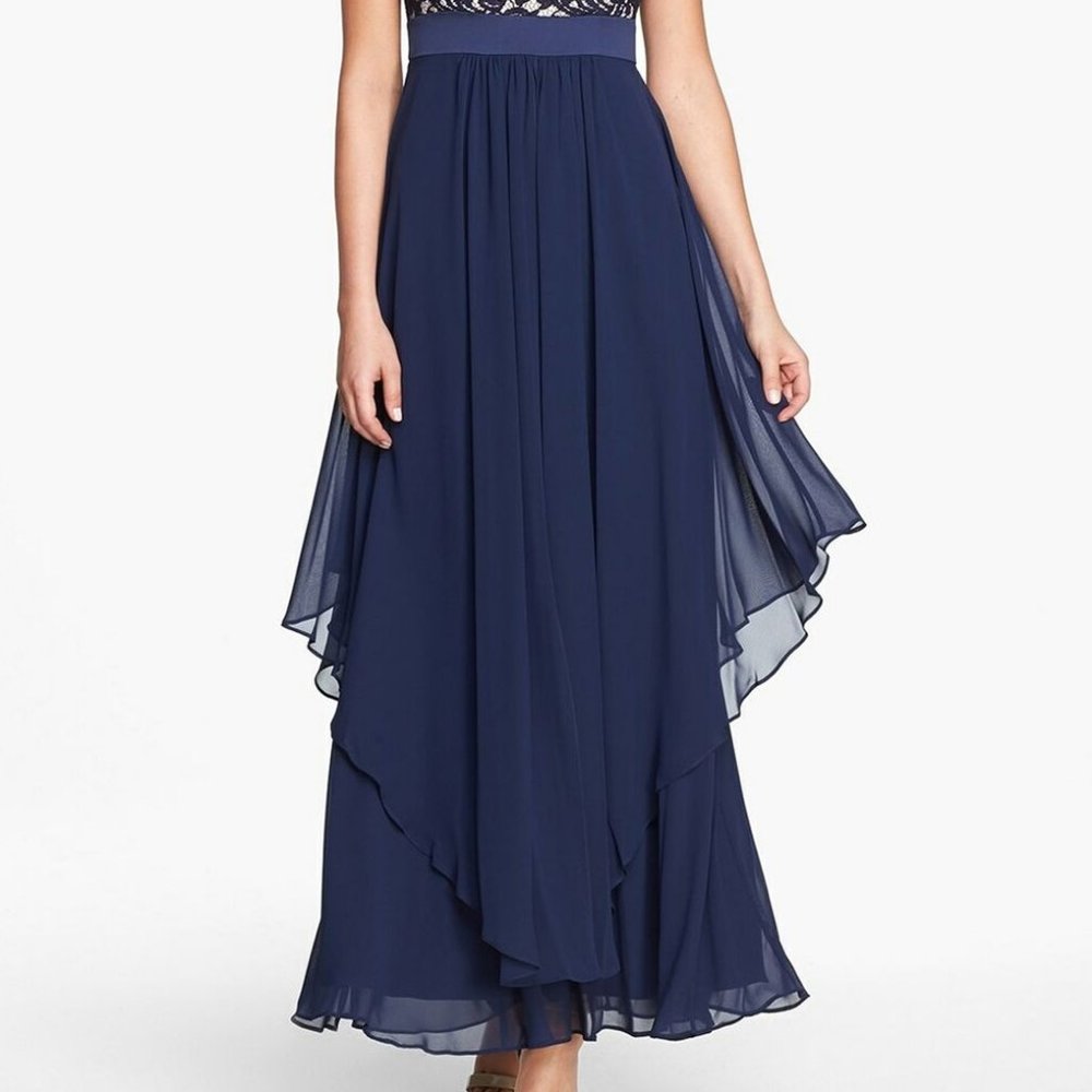 NEW Eliza J. Navy Blue Lace and Chiffon Gown Modest Prom Maxi Dress Size 14 $219 - Picture 3 of 16